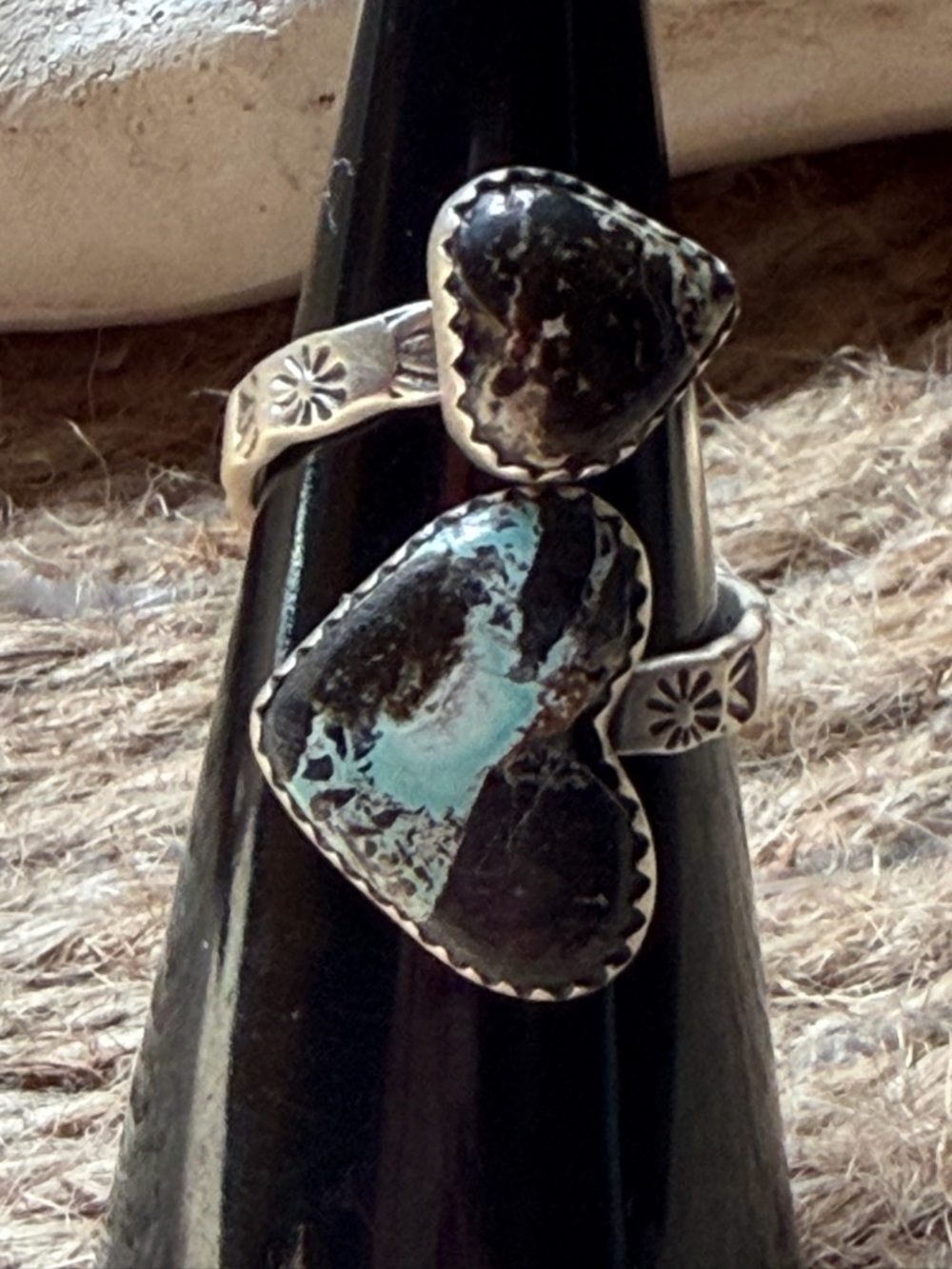 Black Jack Turquoise Heart Double-Stack bypass Sterling Silver Ring - Picture 2 of 6